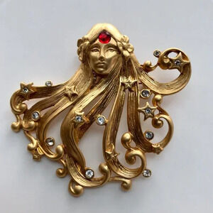 Vintage Gold Rhinestone Maiden Goddess Flowing Hair Mermaid Broach Pin 3" x 2 5"